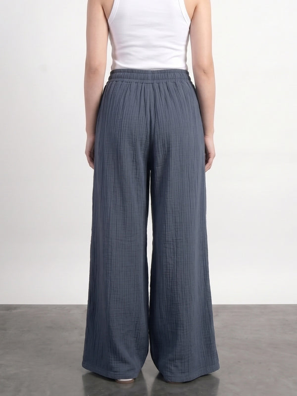 Teal Blue Crushed Wide Leg Trousers | Montivo Pakistan