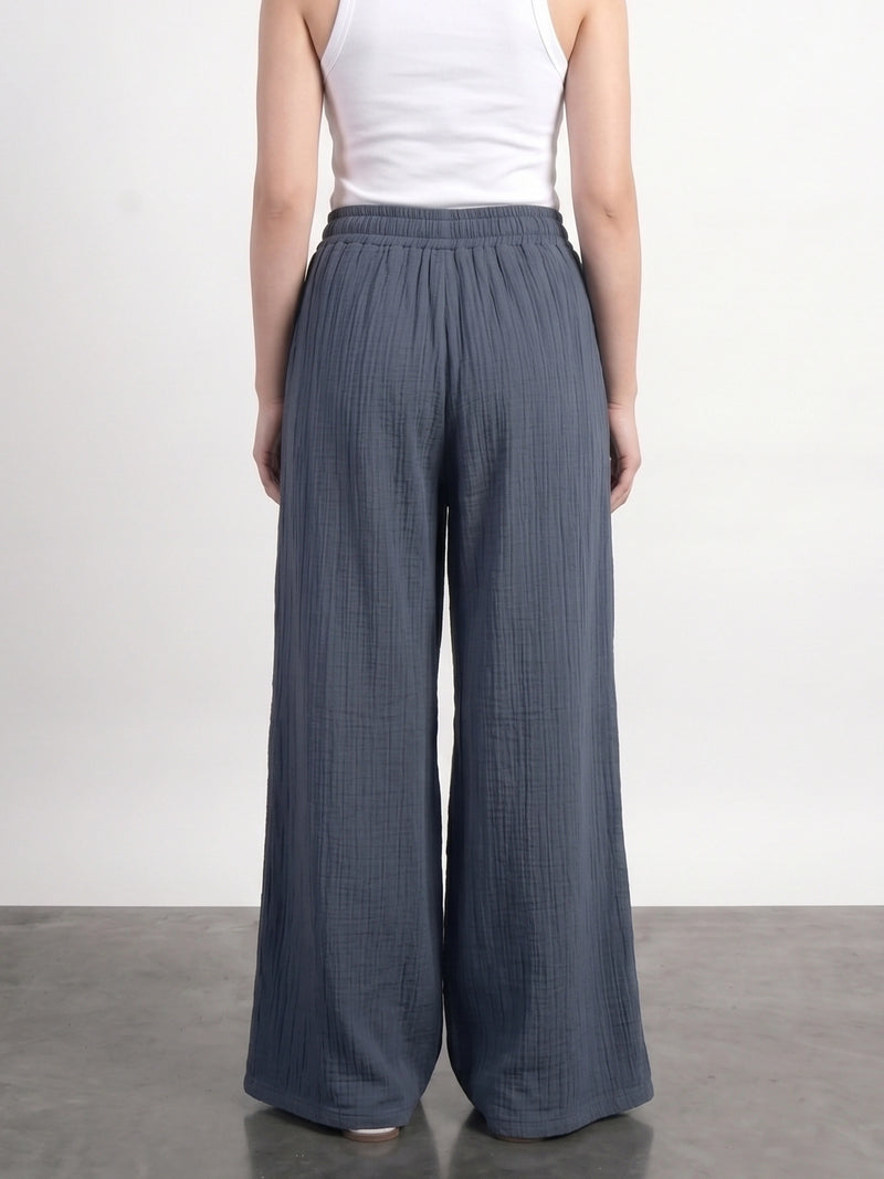 Teal Blue Crushed Wide Leg Trousers | Montivo Pakistan