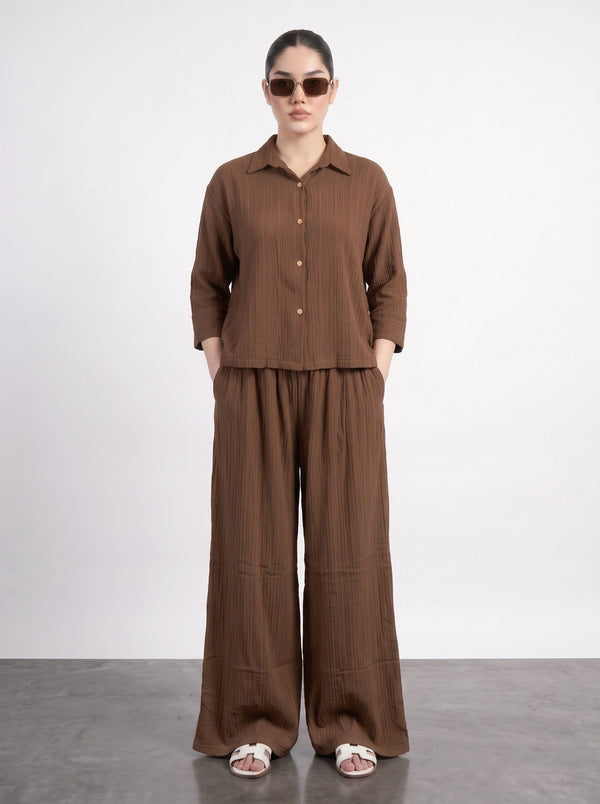 Brown Crushed Wide Leg Trousers | Montivo Pakistan