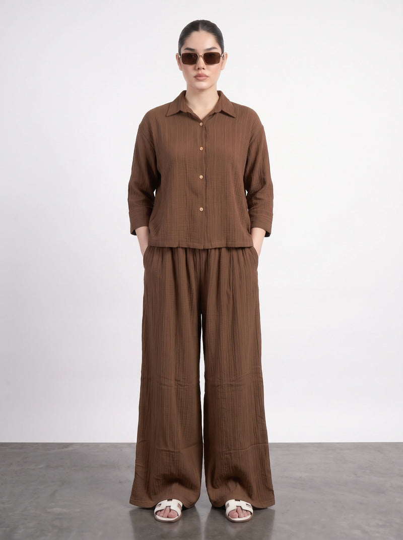 Brown Crushed Wide Leg Trousers | Montivo Pakistan