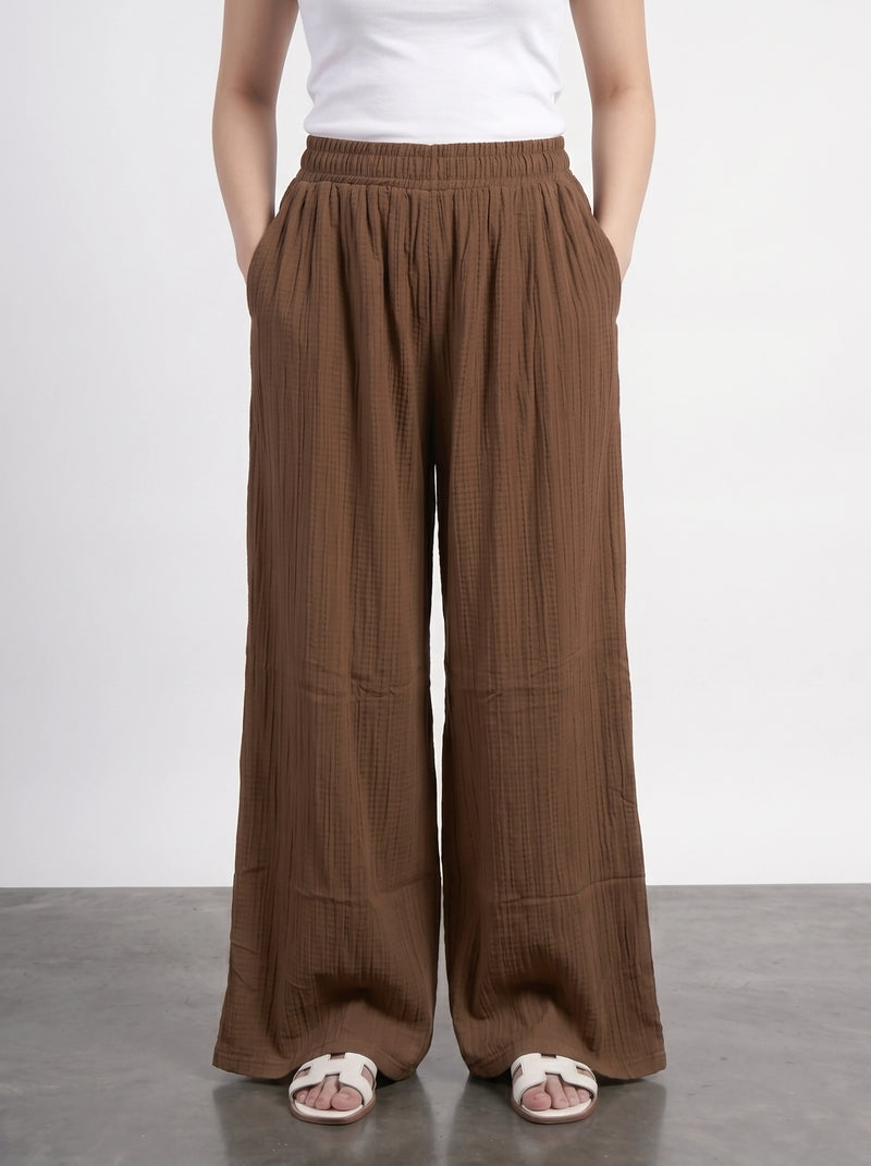Brown Crushed Wide Leg Trousers | Montivo Pakistan