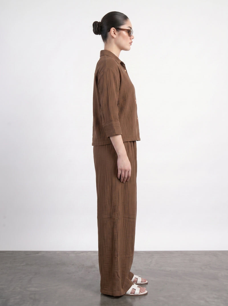 Brown Crushed Wide Leg Trousers | Montivo Pakistan