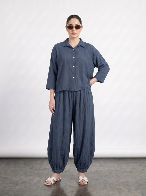 Teal Blue Crushed Balloon Trousers | Montivo Pakistan