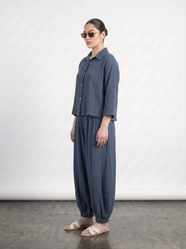 Teal Blue Crushed Balloon Trousers | Montivo Pakistan