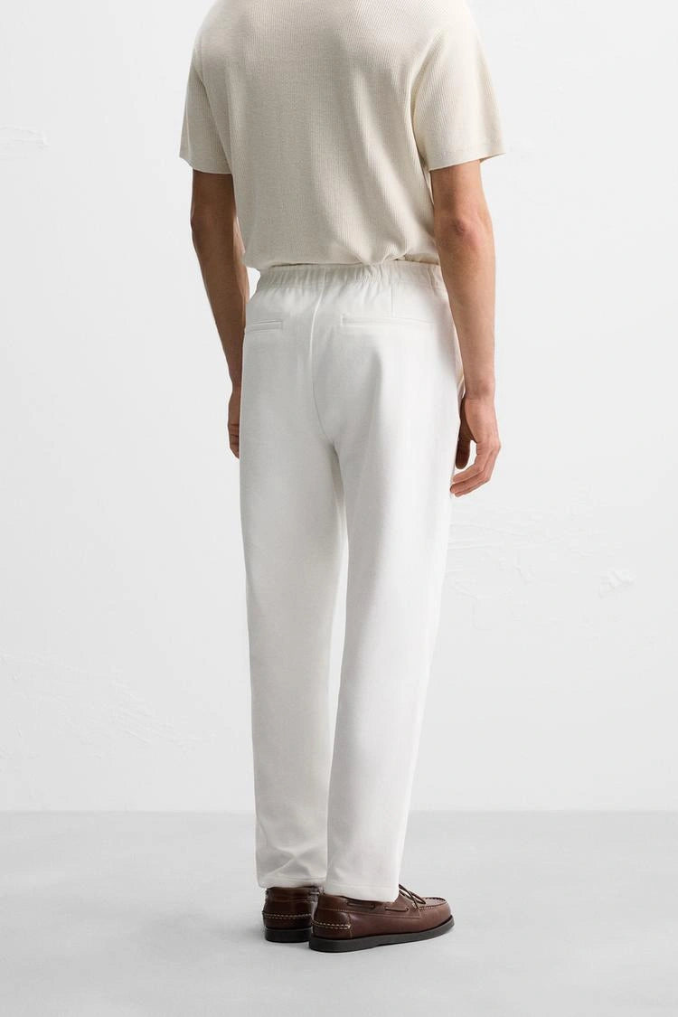 White Textured Slim Fit Trousers