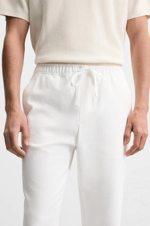 White Textured Slim Fit Trousers