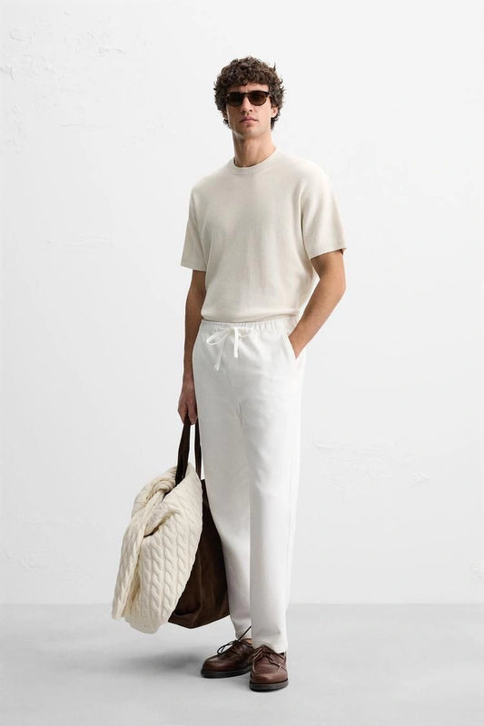 White Textured Slim Fit Trousers