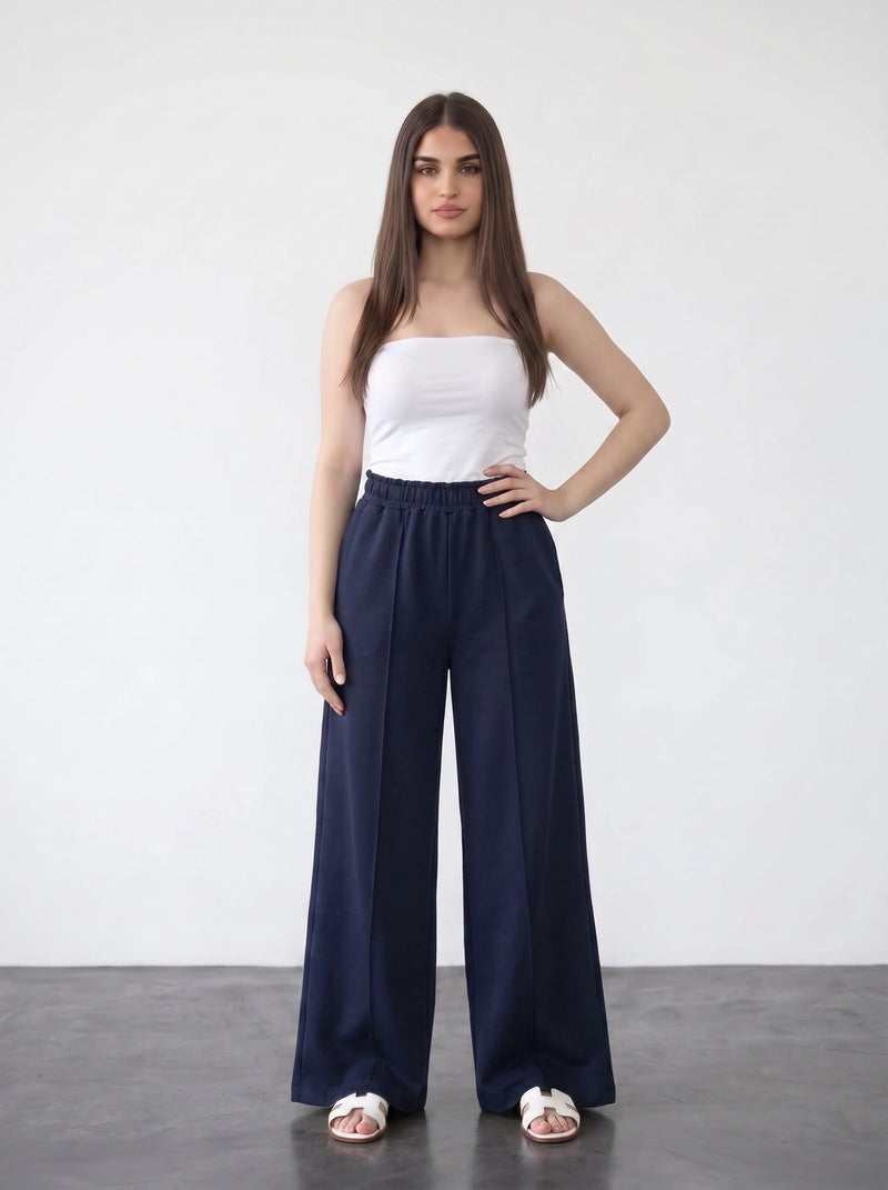 Navy Blue Wide Leg Front Seam Trousers