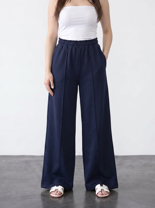Navy Blue Wide Leg Front Seam Trousers