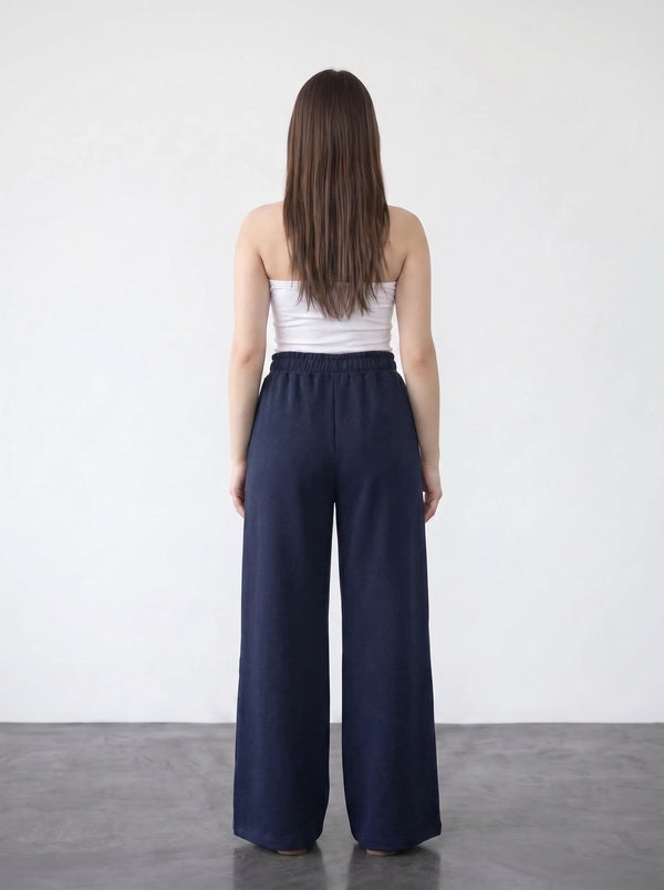 Navy Blue Wide Leg Front Seam Trousers