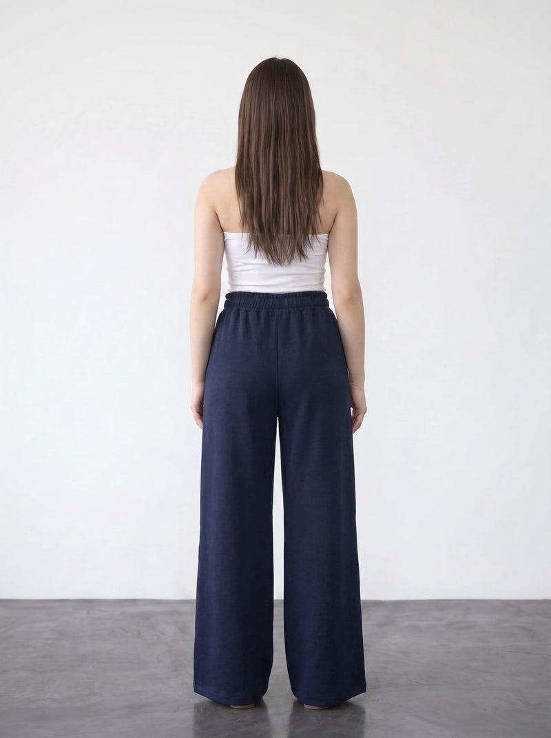 Navy Blue Wide Leg Front Seam Trousers