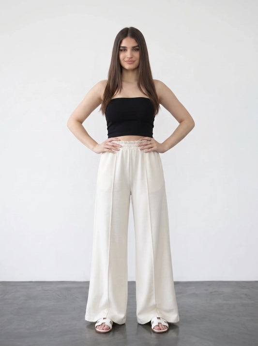 White Wide Leg Front Seam Trousers