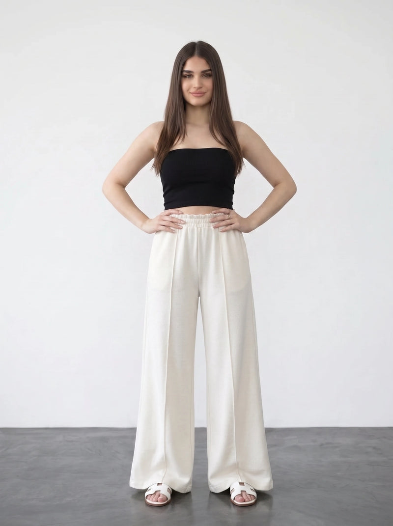 White Wide Leg Front Seam Trousers