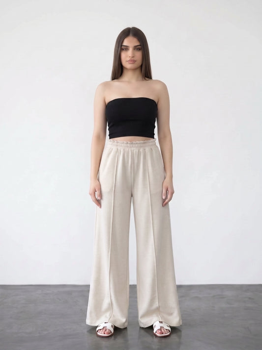 Light Beige Wide Leg Front Seam Trousers
