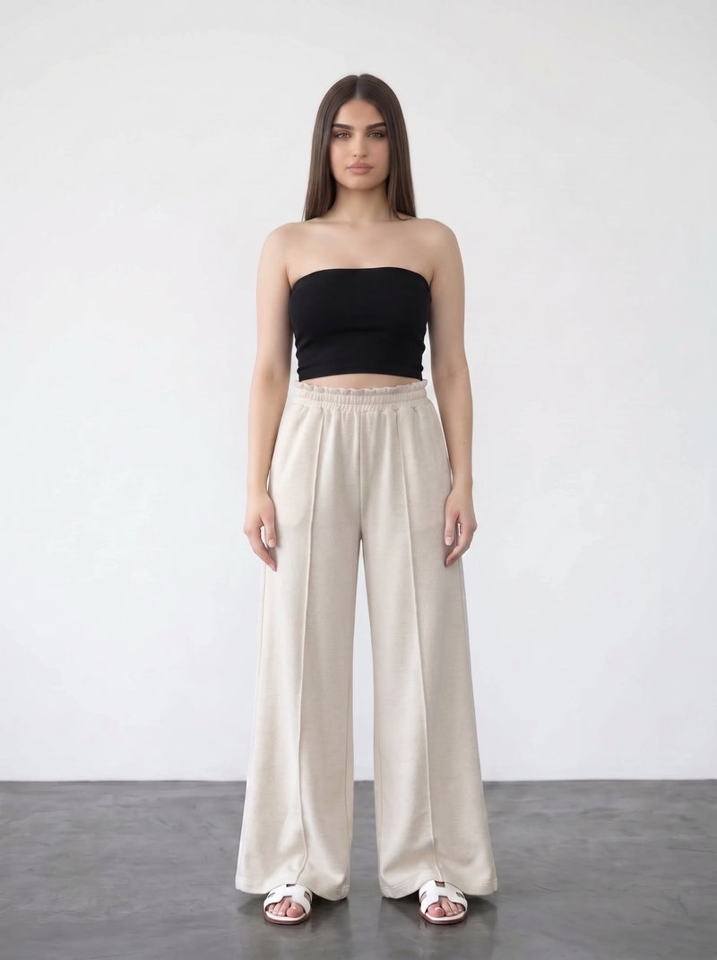 Light Beige Wide Leg Front Seam Trousers