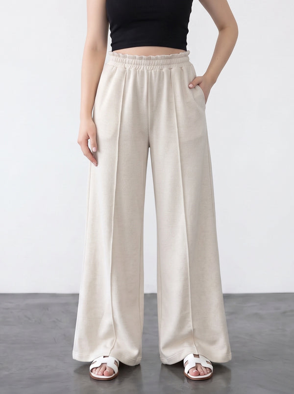 Light Beige Wide Leg Front Seam Trousers