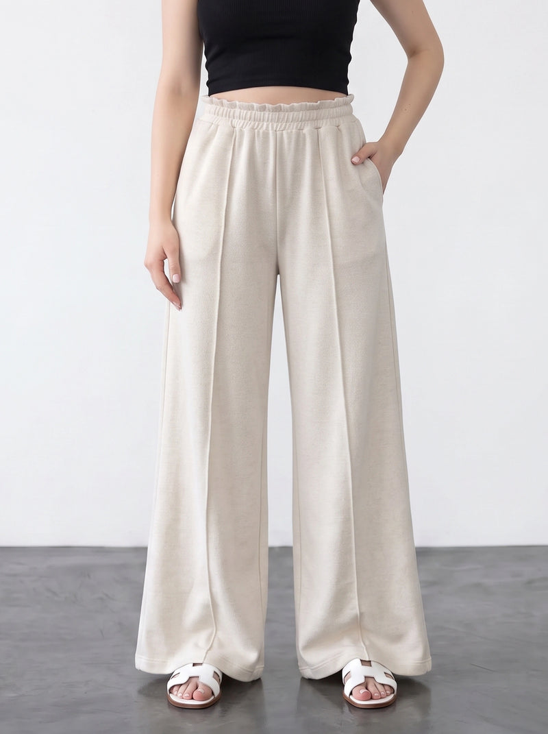 Light Beige Wide Leg Front Seam Trousers