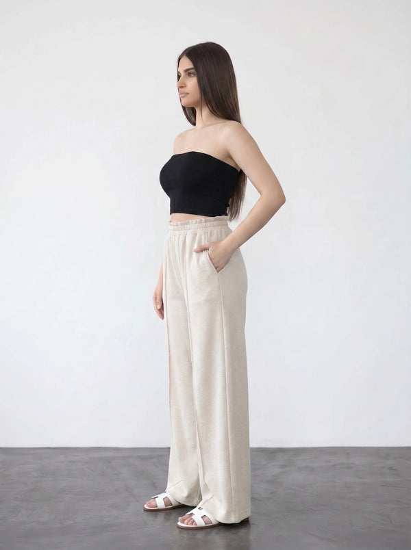 Light Beige Wide Leg Front Seam Trousers