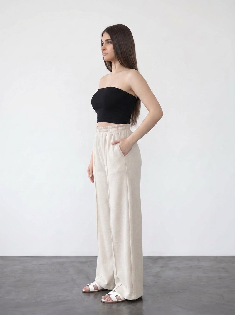 Light Beige Wide Leg Front Seam Trousers