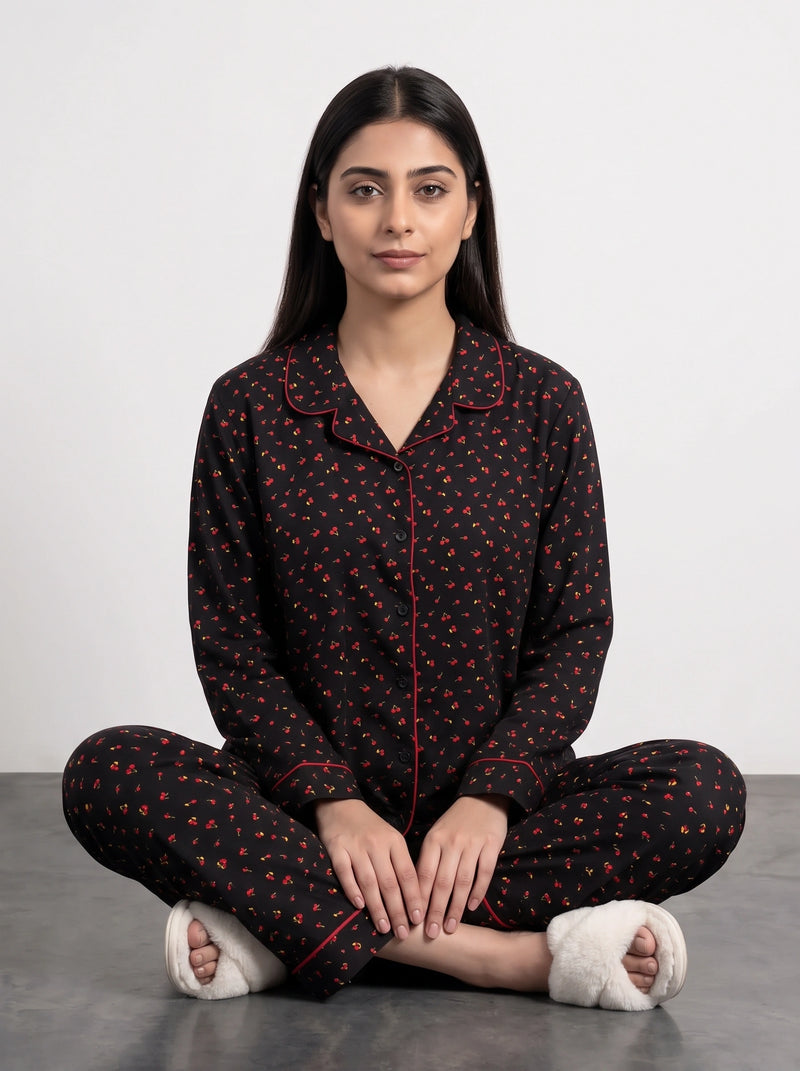 Black Cherry Print PJ Set | Montivo Pakistan