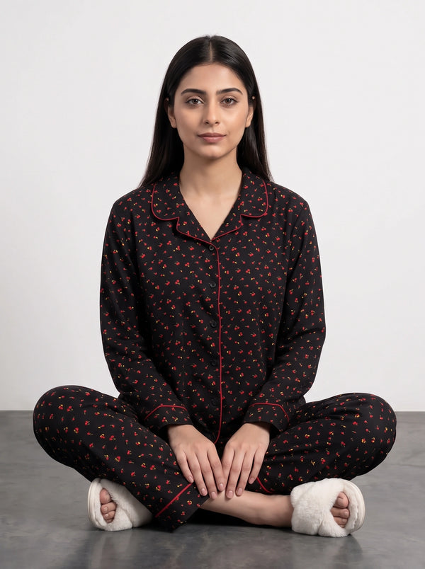 Black Cherry Print PJ Set | Montivo Pakistan