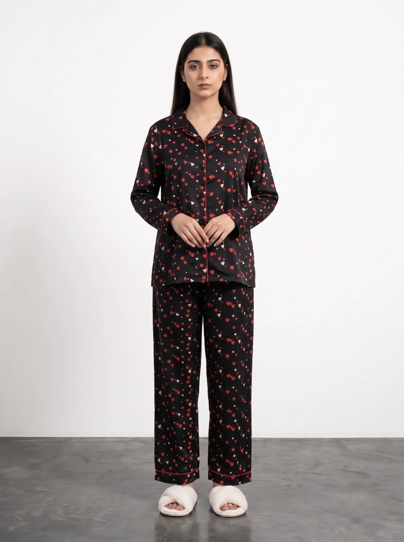 Black Heart Print PJ Set | Montivo Pakistan