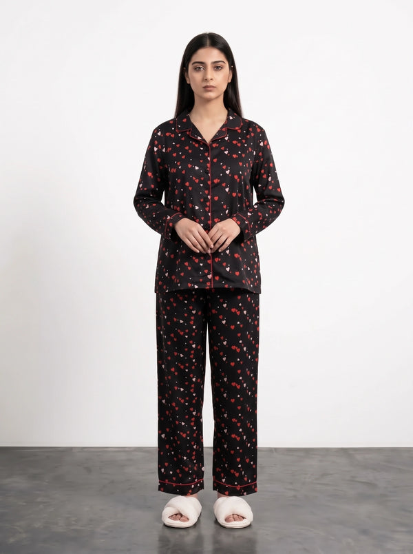 Black Heart Print PJ Set | Montivo Pakistan