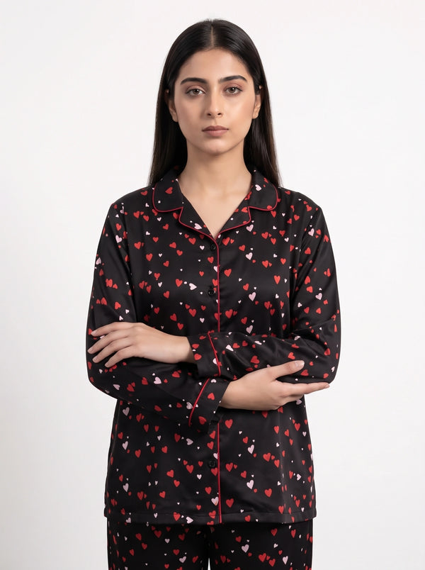 Black Heart Print PJ Set | Montivo Pakistan