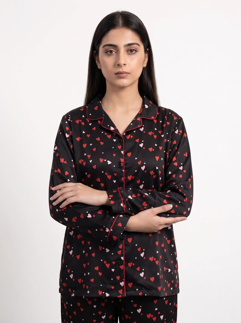 Black Heart Print PJ Set | Montivo Pakistan