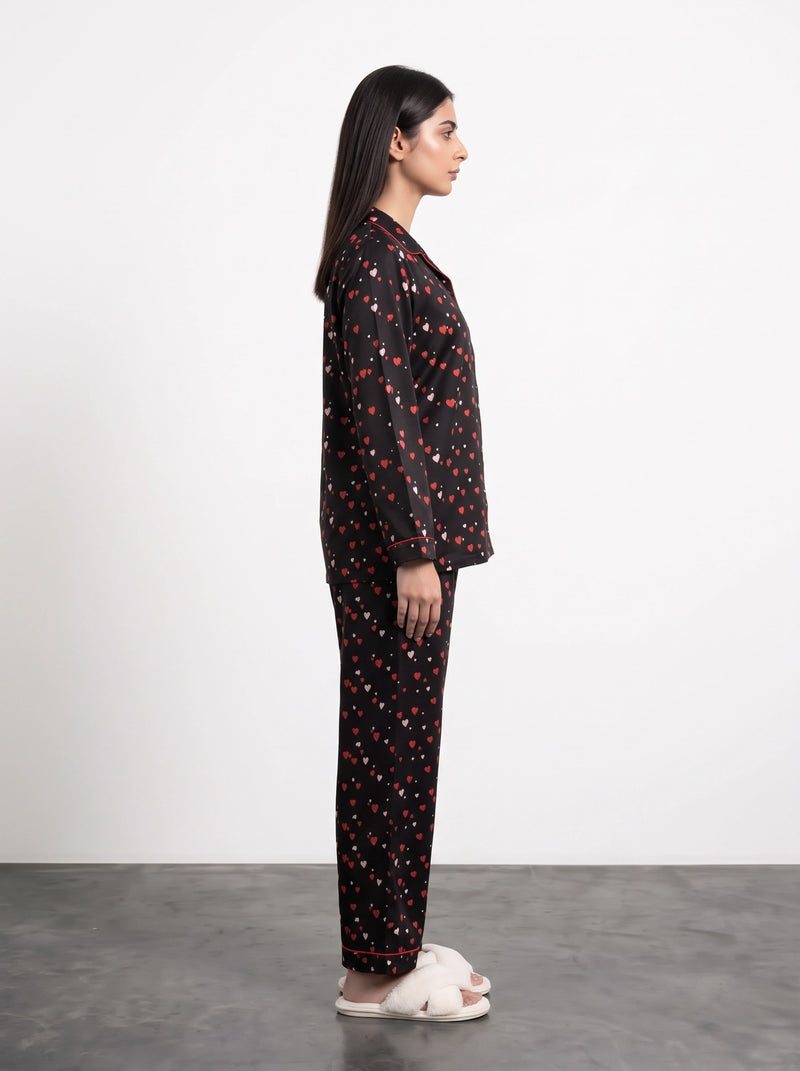 Black Heart Print PJ Set | Montivo Pakistan