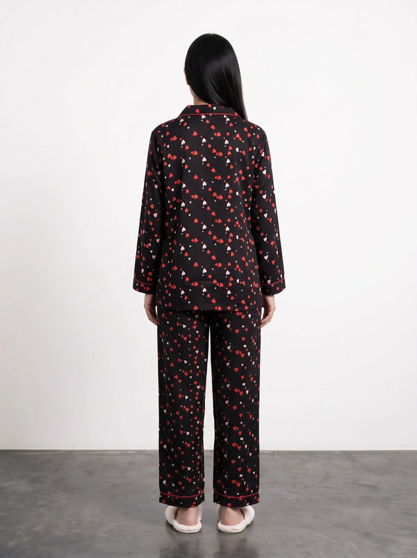 Black Heart Print PJ Set | Montivo Pakistan