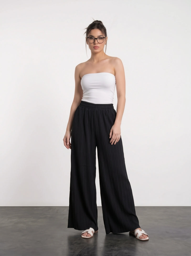 Black Textured Wide Leg Trousers