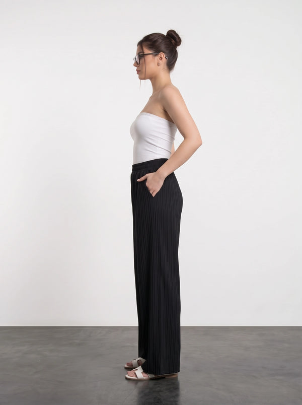Black Textured Wide Leg Trousers