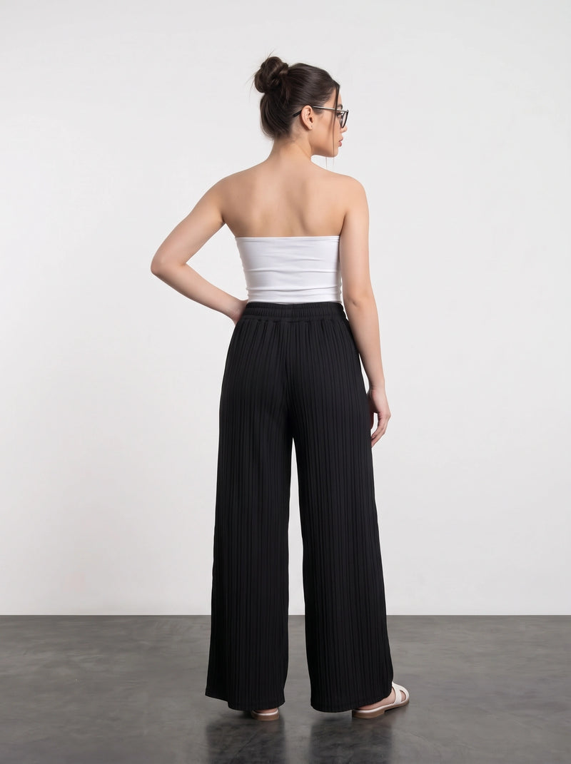 Black Textured Wide Leg Trousers | Montivo Pakistan