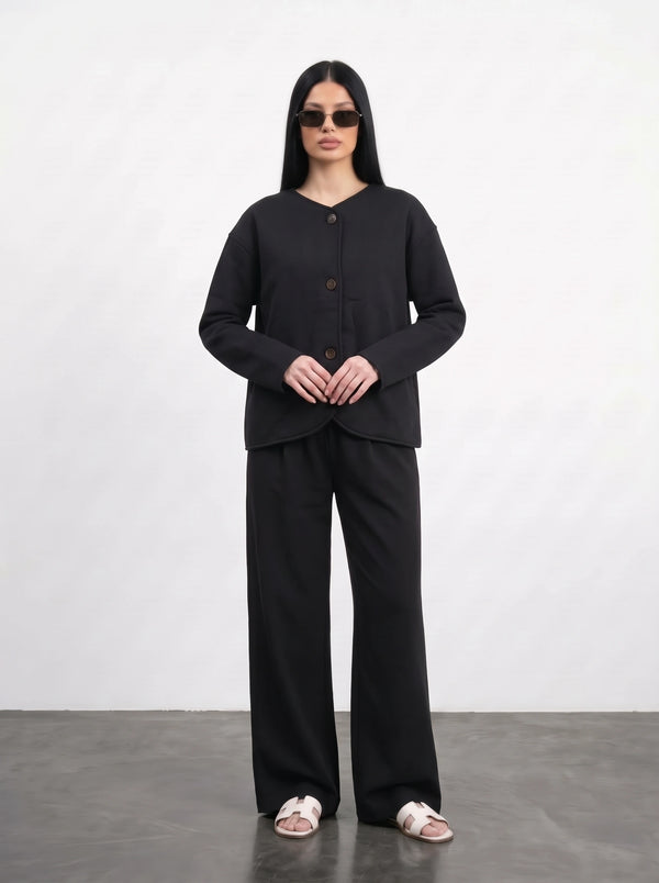Black Curved-Placket Boxy Blazer | Montivo Pakistan