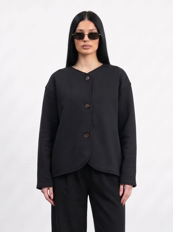 Black Curved-Placket Boxy Blazer | Montivo Pakistan