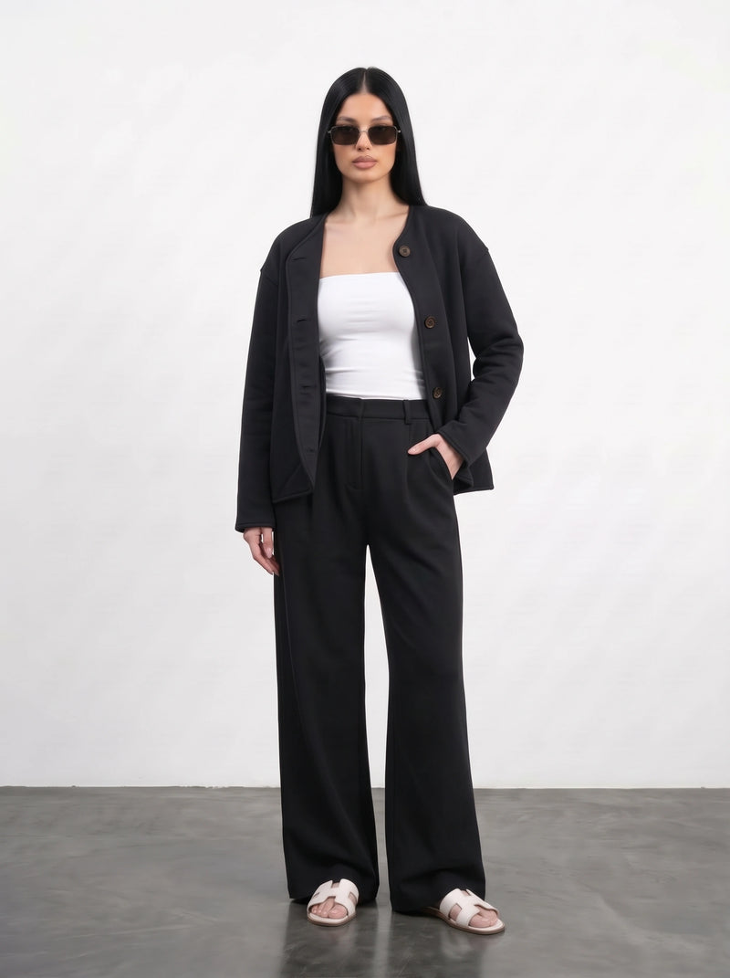 Black Curved-Placket Boxy Blazer | Montivo Pakistan