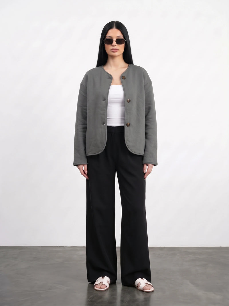 Grey Curved-Placket Boxy Blazer | Montivo Pakistan