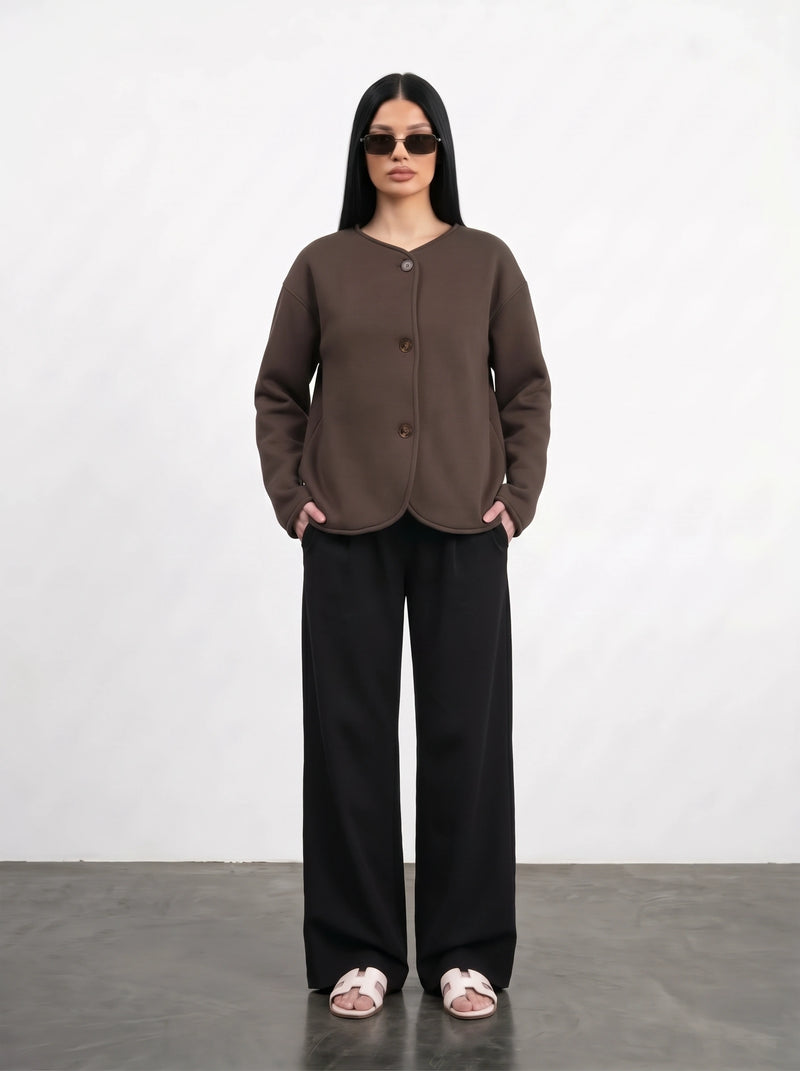 Brown Curved-Placket Boxy Blazer | Montivo Pakistan