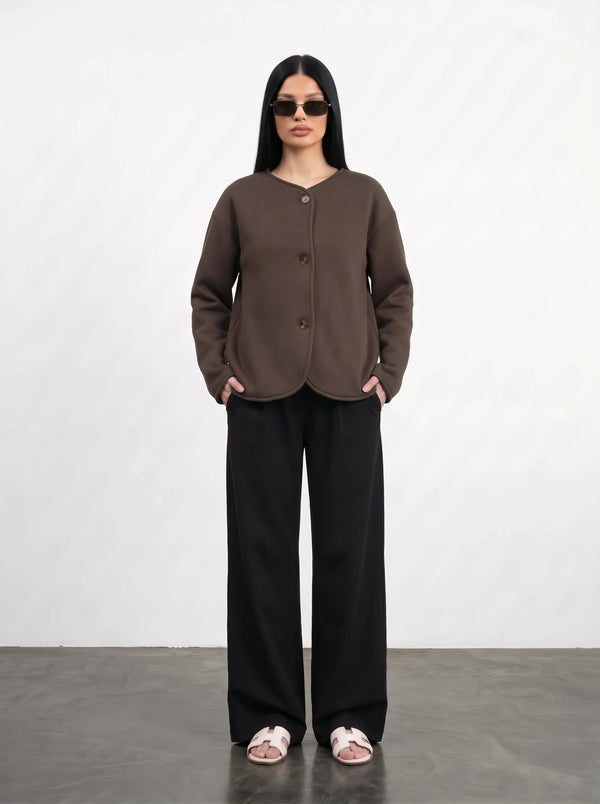 Brown Curved-Placket Boxy Blazer | Montivo Pakistan