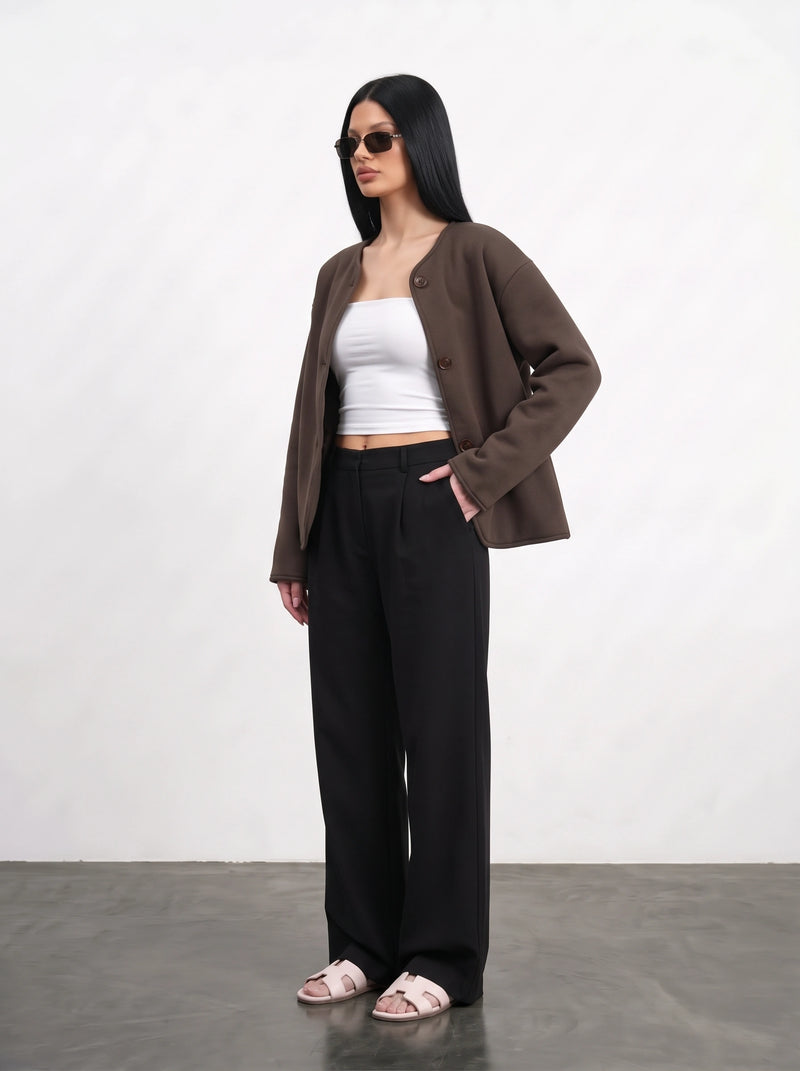 Brown Curved-Placket Boxy Blazer | Montivo Pakistan