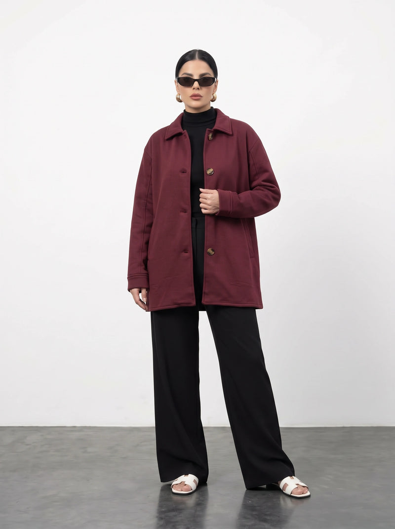 Burgundy Oversized Fleece Shirt Jacket | Montivo Pakistan