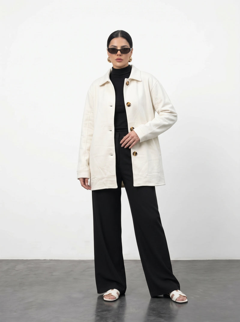 Ecru Oversized Fleece Shirt Jacket | Montivo Pakistan
