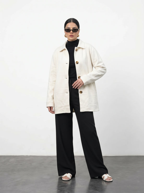 Ecru Oversized Fleece Shirt Jacket | Montivo Pakistan