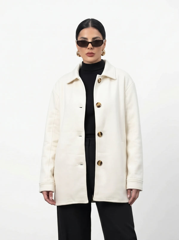 Ecru Oversized Fleece Shirt Jacket | Montivo Pakistan