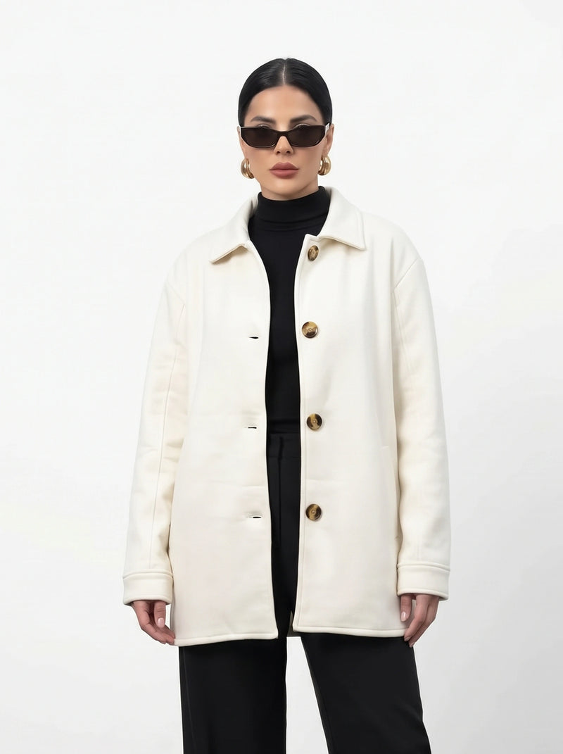 Ecru Oversized Fleece Shirt Jacket | Montivo Pakistan