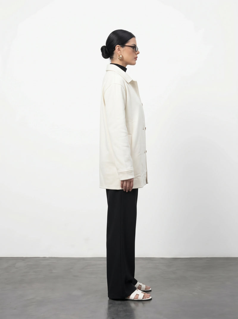 Ecru Oversized Fleece Shirt Jacket | Montivo Pakistan
