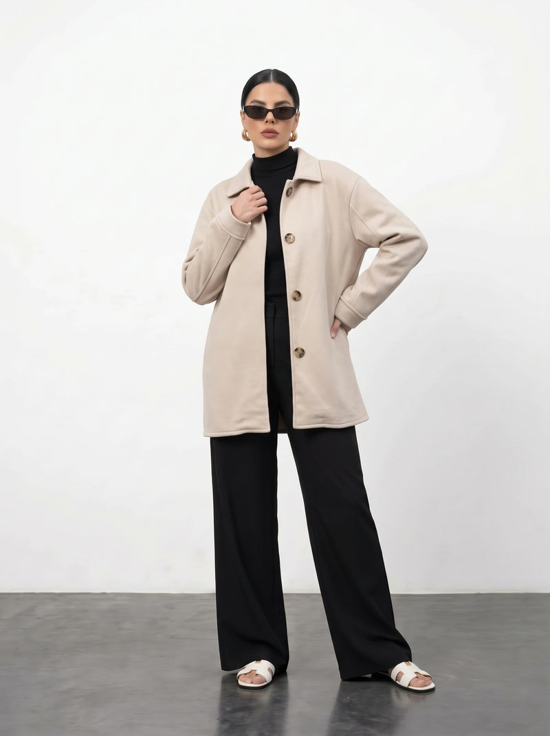 Beige Oversized Fleece Shirt Jacket | Montivo Pakistan