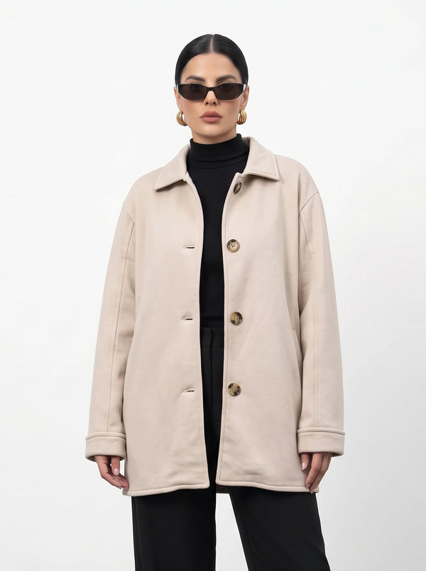 Beige Oversized Fleece Shirt Jacket | Montivo Pakistan