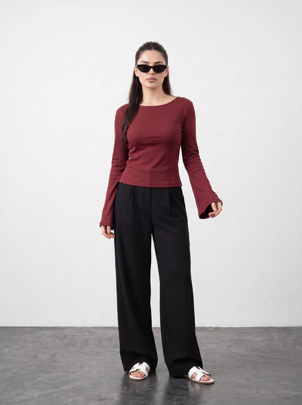 Wine Broad Neck Flare Sleeves Top | Montivo Pakistan